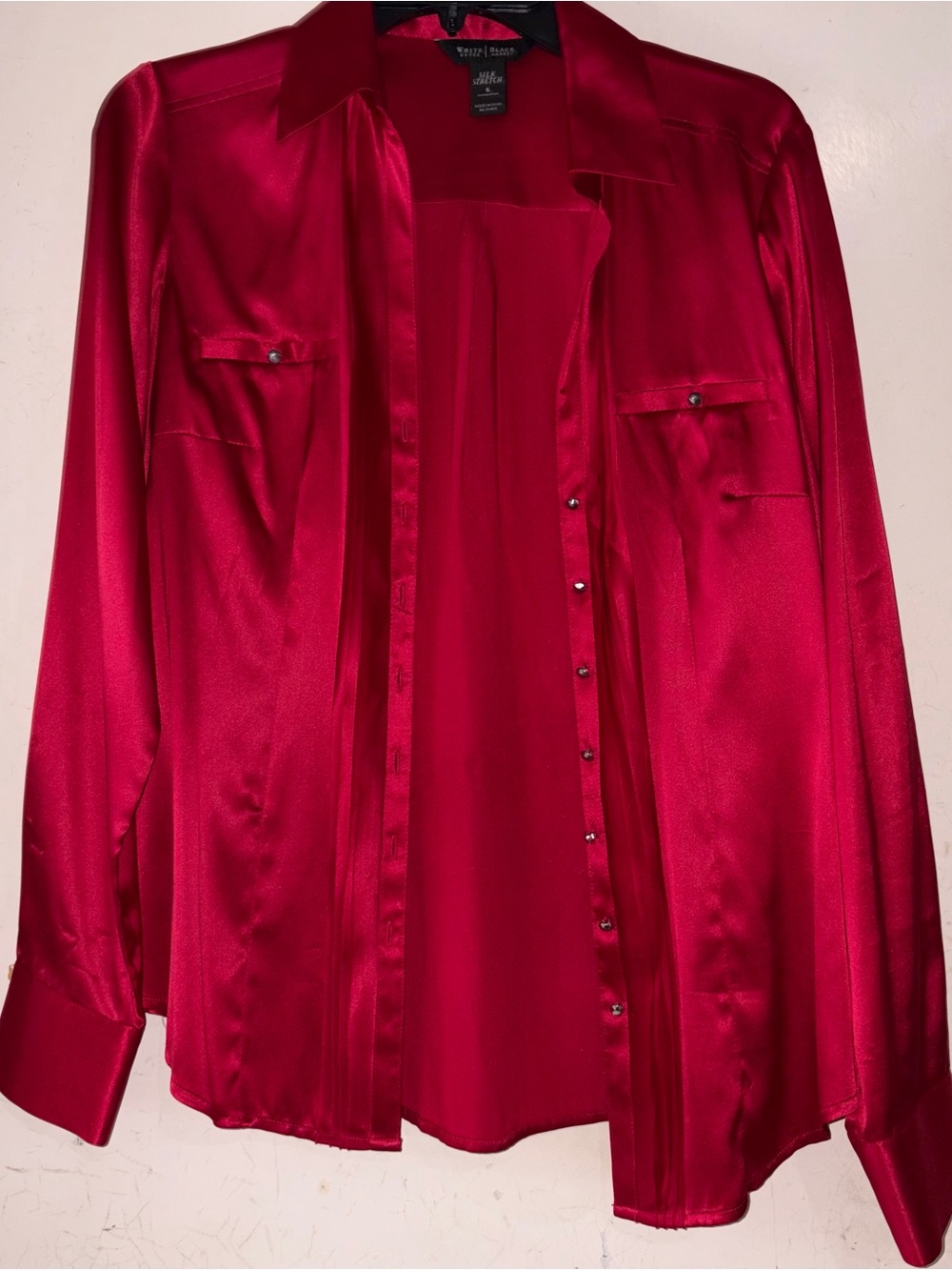 White Black Satin Button-Up Shirt in Deep Berry Red